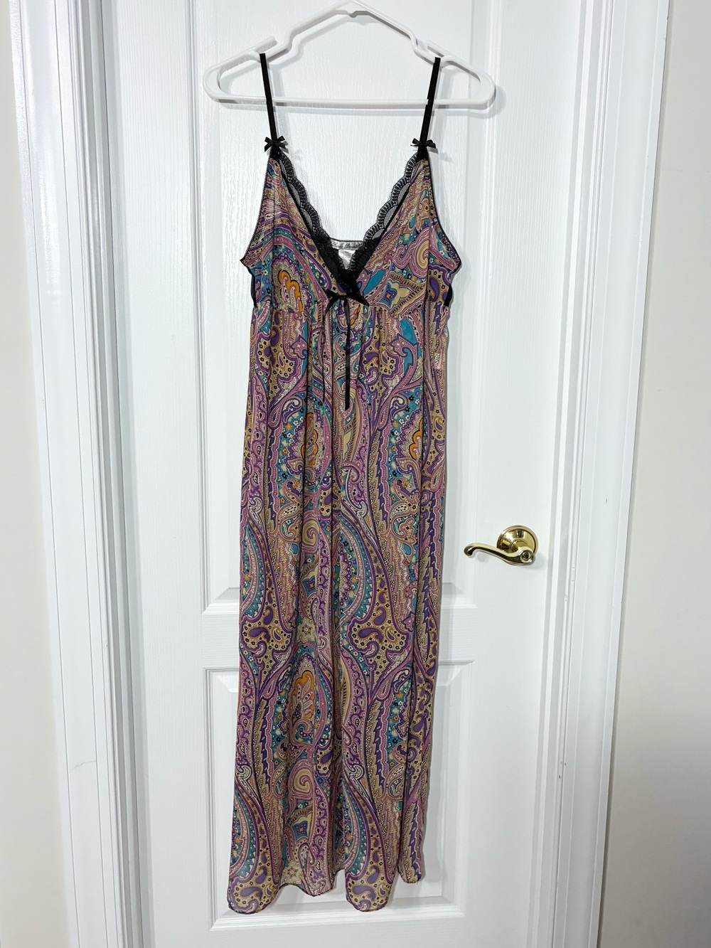 Y2K VTG Linea Donatella Paisley Maxi Slip Dress Black Lace Trim Lingerie Large